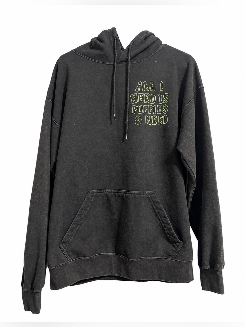 Black Graphic Hoodie All I Need Is Puppies & Weed print black sweatshirt large - Picture 2 of 8